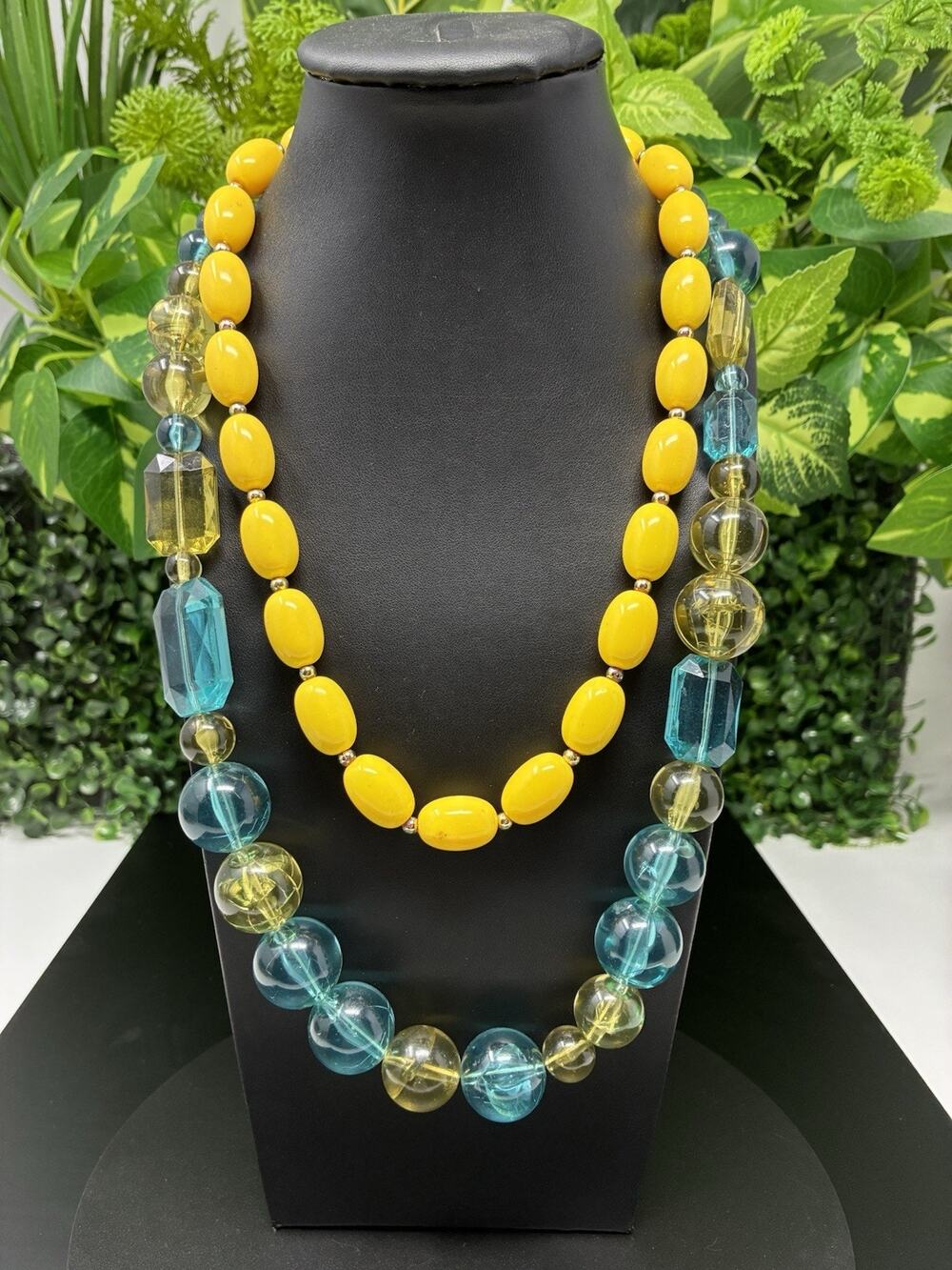 Womens Chunky Statement Necklace Set Of 2. Yellow Vintage Beaded + Multi